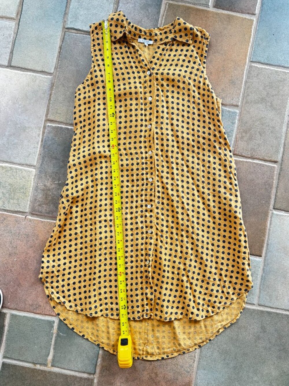 Polka Dot Sleeveless Button-Down High-Low Dress Mustard Yellow Navy Pockets - Picture 3 of 7